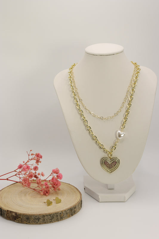 Collar Doble Perla Corazon Fucsia